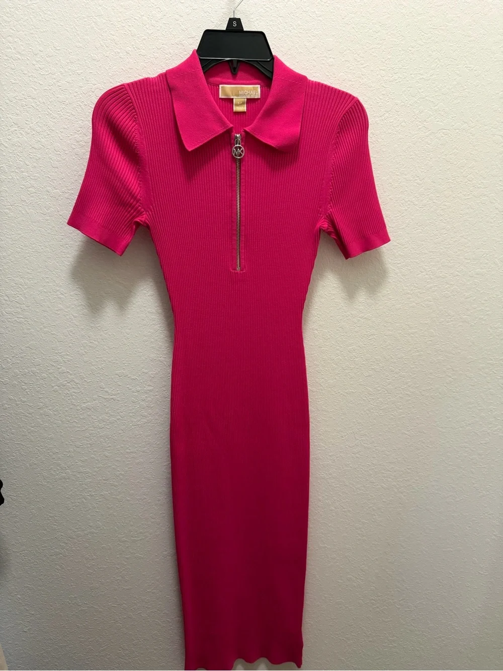 Michael Kors Hot Pink Ribbed Polo Zip Midi Dress